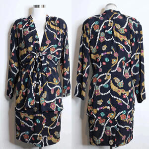 VTG Black Jewel Print Blouse Pencil Skirt Set - 6